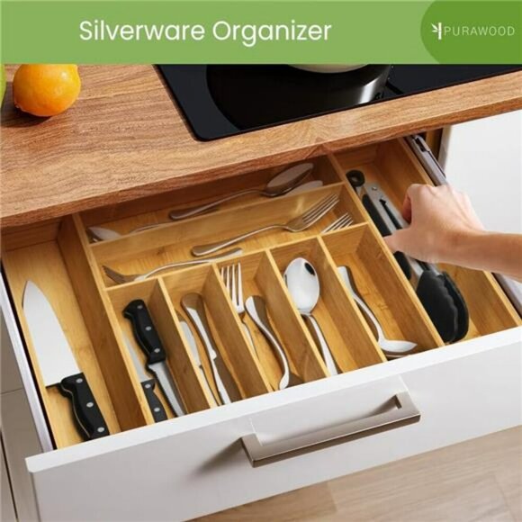 Expandable Bamboo Drawer Organizer Utensil Silverware Flatware Tray - Picture 4 of 6